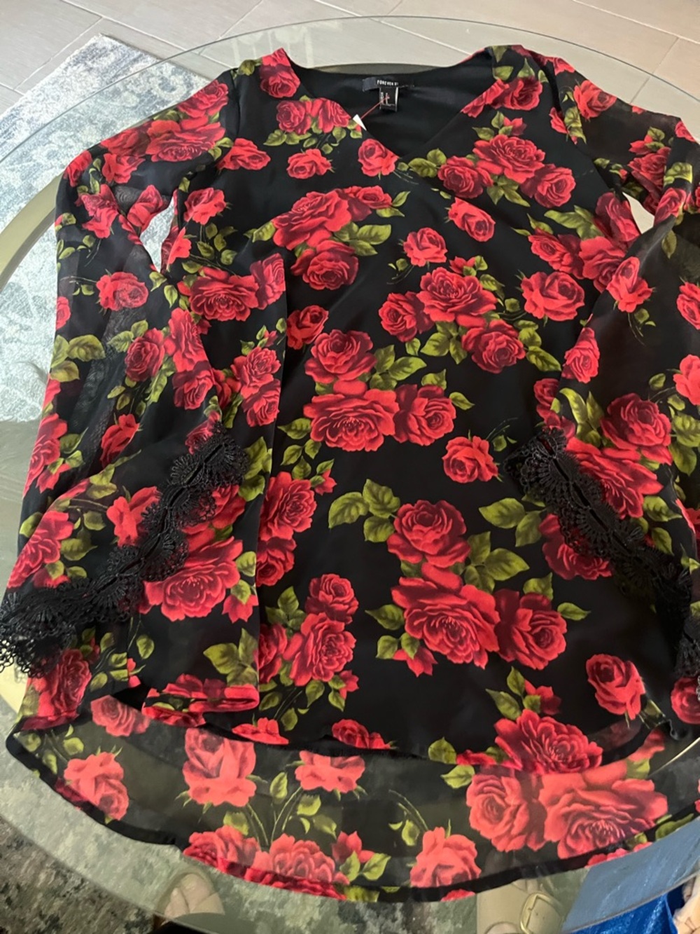 Floral V-Neck Blouse with Lace Trim - Red Rose